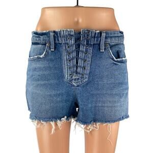 Lovers + Friends Blue Frayed Hem High Rise Lace-Up Denim Cut-off Mom Shorts 29